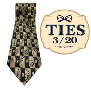 DANI Silk Tie Vintage 90s Handmade Korea Geometric Pattern Black Brown